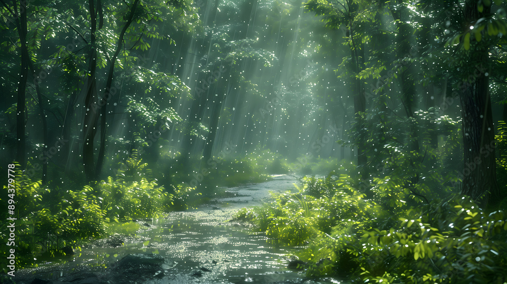 Image of the forest trail atmosphere with light rain falling. Create a shady and quiet atmosphere. Image of the forest trail atmosphere with light rain falling. Create a shady and quiet atmosphere.
