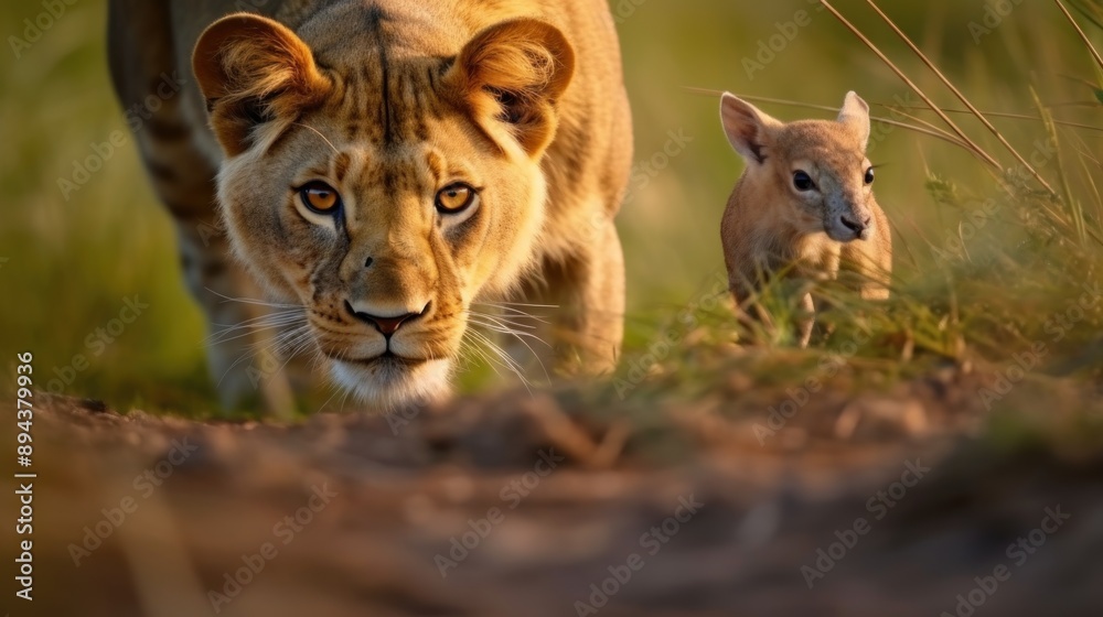 Obraz premium Lioness and a Dik-dik in the African Savanna