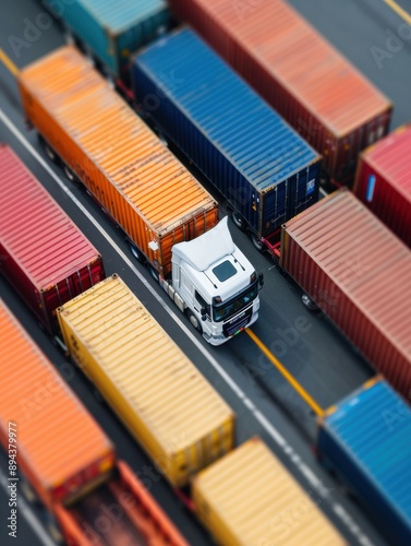 Dynamic aerial view of bustling port with trucks transporting goods, expansive copy space for text, showcasing a vibrant logistics hub in sharp detail.