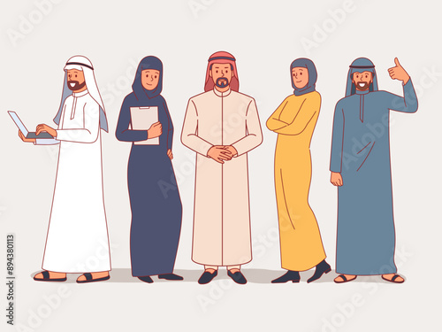 Saudi business team. Muslim office group people in national clothes, mixed employees, successful work, project, arab men and women standing, cartoon flat isolated illustration vector concept