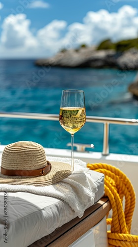 Relaxing scene with wine glass, hat, and ocean view on a sunny day.