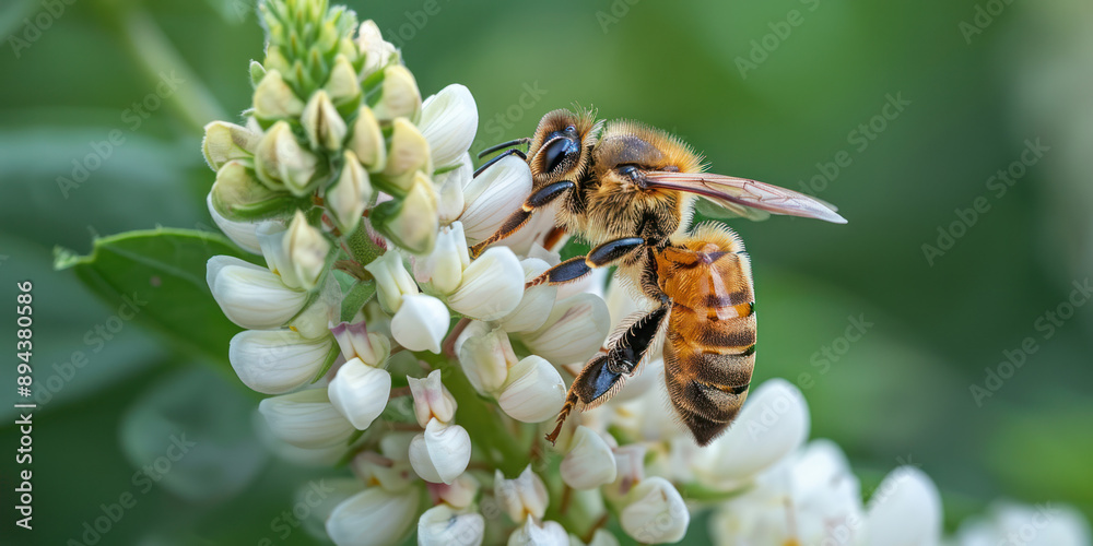 Honeybee Gathering Pollen on White Flower Honeybee Gathering Pollen on White Flower