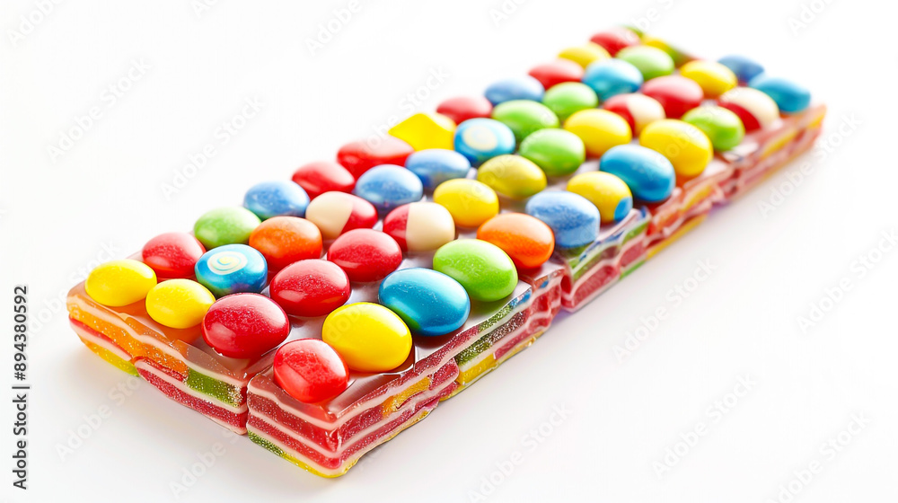 Jelly candies, . Red jelly candy bar is strewn with small candies of different colors (yellow, red, blue, orange, brown, green) Jelly candies, . Red jelly candy bar is strewn with small candies of different colors (yellow, red, blue, orange, brown, green)