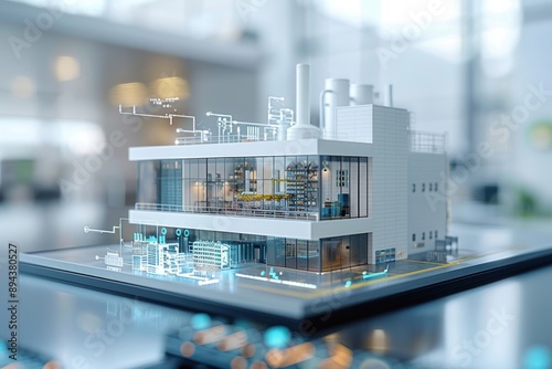 White model of modern industrial building amidst blue lines