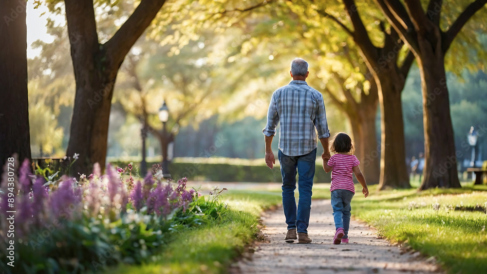 Grandparent and grandchild walking hand in hand in a beautiful park, enjoying a peaceful moment. Grandparent and grandchild walking hand in hand in a beautiful park, enjoying a peaceful moment.