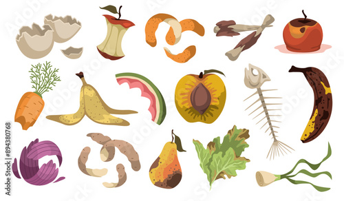 Organic products waste. Recycling natural trash, rotting vegetables and fruits, raw materials for compost, peeling, spoiled food, fish skeleton, cartoon flat isolated tidy vector set