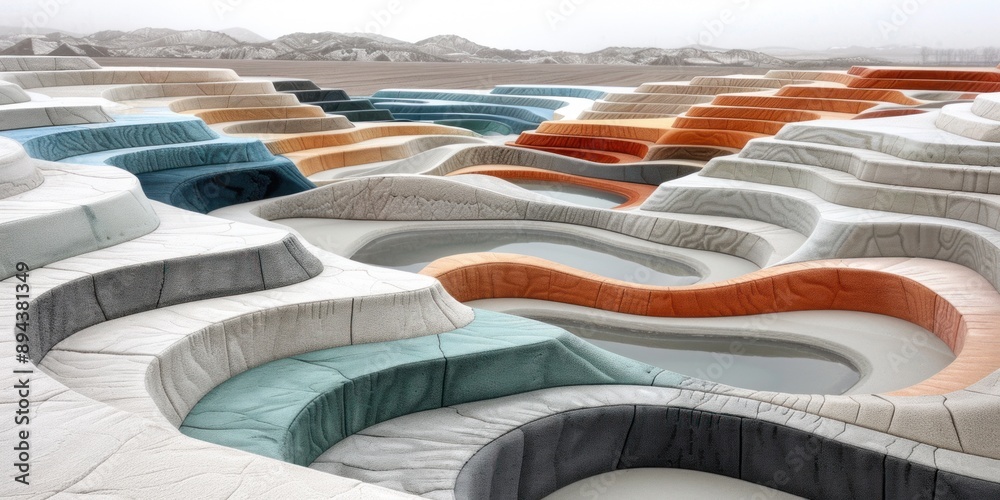 Obraz premium White sculpture with wavy terraces, colorful seating and pools of water
