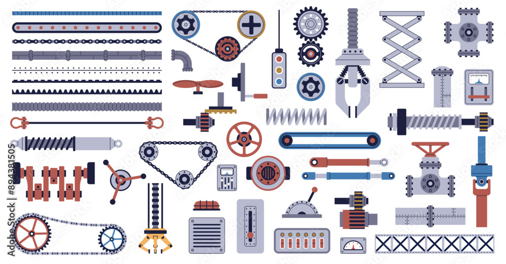 Machinery parts. Mechanisms and industrial elements, technical details ...