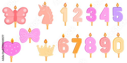 Girl birthday candles set in pink colors, number candles, different shapes. Flat vector illustration isolated on white background