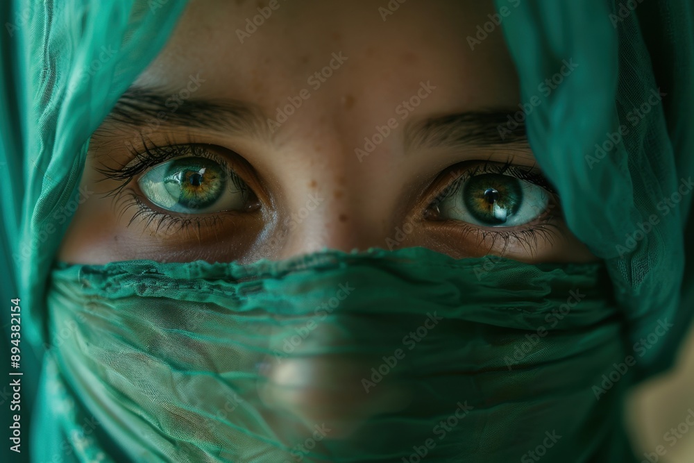 Young female with striking green eyes and a light green scarf or veil over her face, looking downwards. Young female with striking green eyes and a light green scarf or veil over her face, looking downwards.