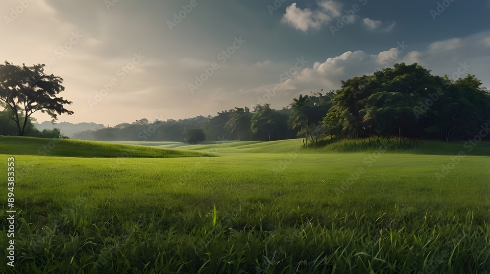 Obraz premium panorama of beautiful countryside of romania. sunny afternoon. wonderful springtime, Idyllic mountain landscape in the Alps with blooming meadows in springtime, grass and blue sky, green field and sky