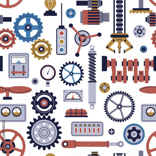 Industrial parts seamless pattern. Mechanical and robot elements, technical details, buttons, levers and gears. Decor textile, wrapping, wallpaper. Print cartoon flat nowaday vector background