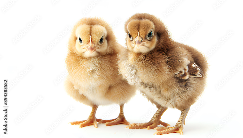 Obraz premium Two cute fluffy baby chickens on white background