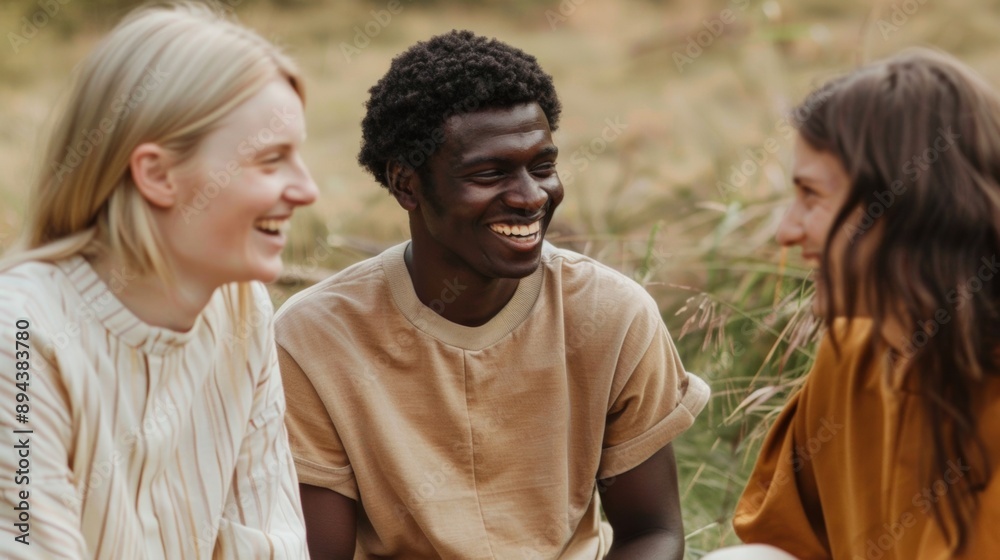 Group of diverse friends enjoying conversation and laughter outdoor, promoting unity and happiness in a natural setting Group of diverse friends enjoying conversation and laughter outdoor, promoting unity and happiness in a natural setting