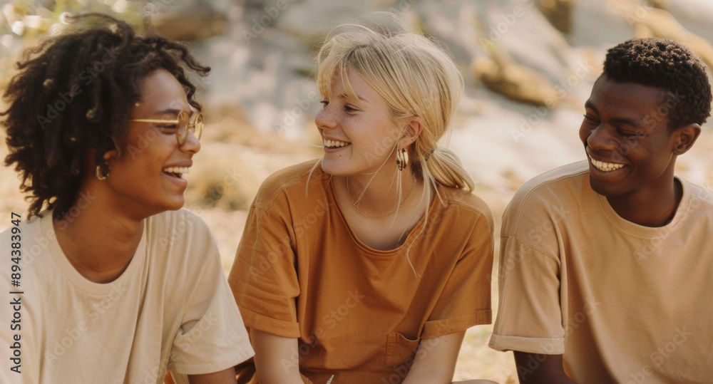 Three young friends enjoying a sunny day outdoors, laughing and having a great time together in nature. Three young friends enjoying a sunny day outdoors, laughing and having a great time together in nature.