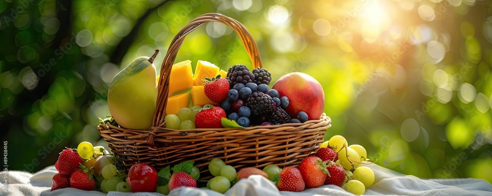 Sunlit wicker basket filled with assorted fresh fruits on a white cloth, set against a lush green background Sunlit wicker basket filled with assorted fresh fruits on a white cloth, set against a lush green background
