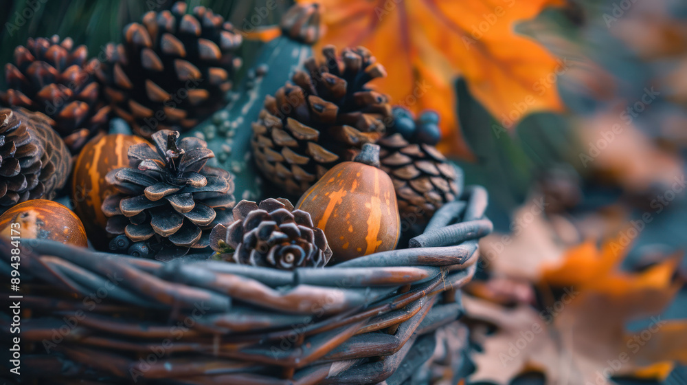 Fototapeta premium Pine Cones and Gourds in a Basket