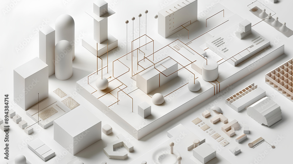 isometric view of a white paper cutout with elements and lines to show the design process for an industrial building, isometric view of a white paper cutout with elements and lines to show the design process for an industrial building,