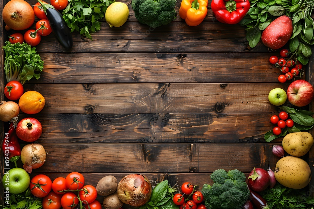 Fresh Organic Vegetables and Fruits on Rustic Wooden Table - Farm-to-Table Concept for Healthy Living Fresh Organic Vegetables and Fruits on Rustic Wooden Table - Farm-to-Table Concept for Healthy Living