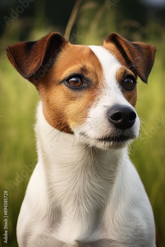 A small dog with a brown and white coat, likely a mix of Jack Russell Terrier and Beagle. It has an attentive expression, looking to the left. © vefimov