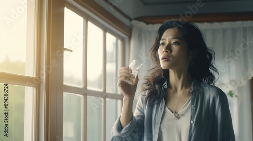 A woman with long hair gazes out a window during the morning, contemplating life or perhaps daydreaming about the day ahead. Free Download A woman with long hair gazes out a window during the morning, contemplating life or perhaps daydreaming about the day ahead. - GFXLoad