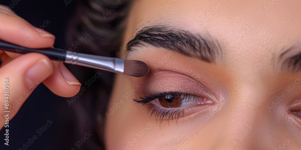 Woman brushing eyeshadow on eyelids with mascara wand. Woman brushing eyeshadow on eyelids with mascara wand.