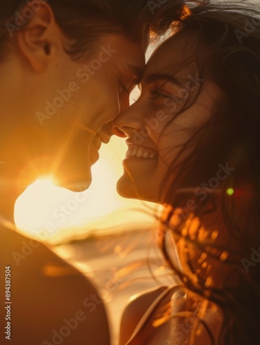 A couple sharing a tender kiss at the beach during sunset.