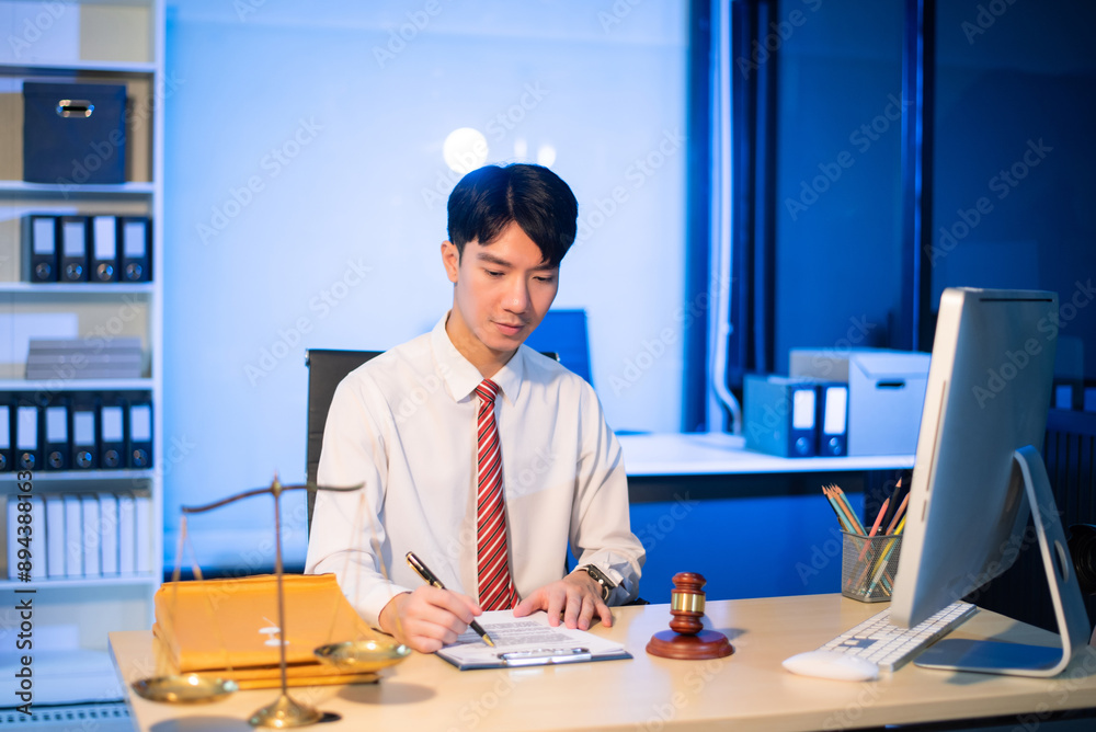 Young Asian lawyer at desk with legal scales and gavel, writing documents in office, offering legal services Young Asian lawyer at desk with legal scales and gavel, writing documents in office, offering legal services