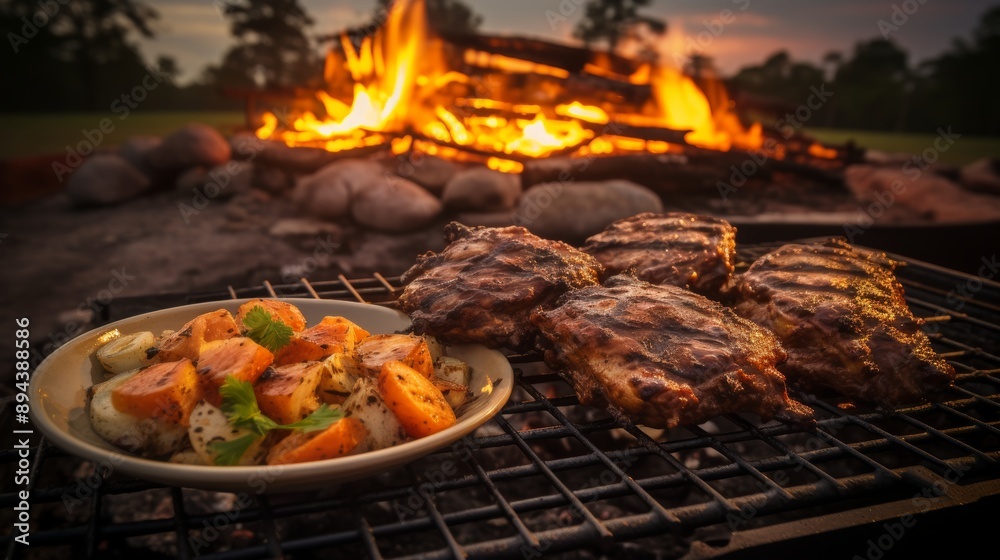 Close up on beer glasses in hands with selective focus, set against a barbecue background Close up on beer glasses in hands with selective focus, set against a barbecue background