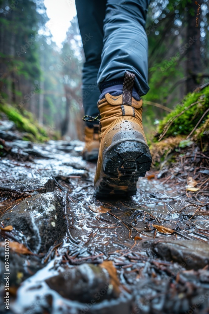 The image depicts a person hiking on a muddy trail, with the boots showing signs of wetness from rain. The image depicts a person hiking on a muddy trail, with the boots showing signs of wetness from rain.