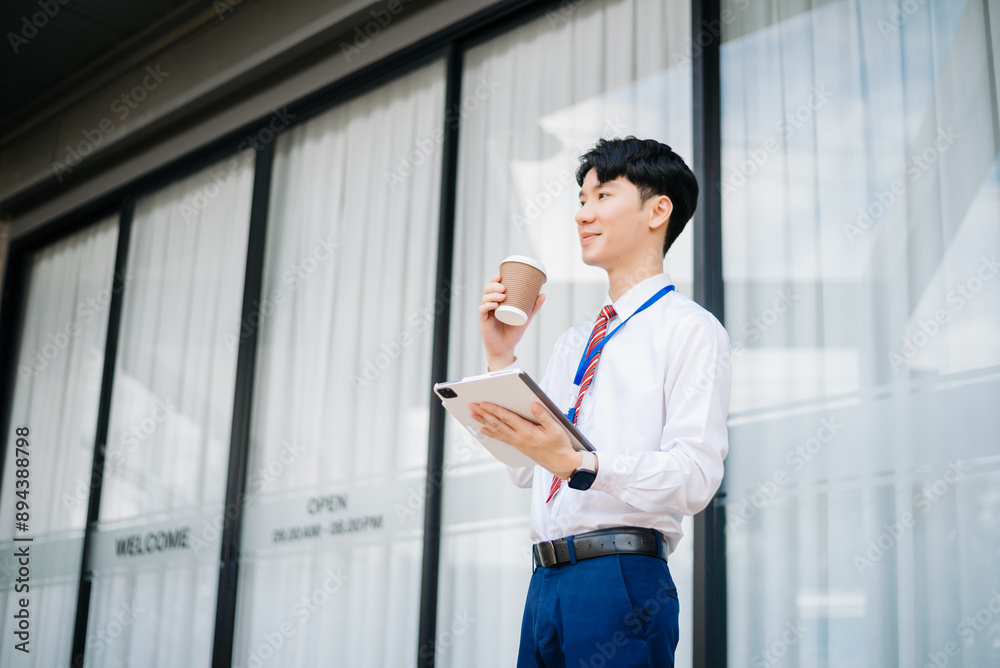 Confident Asian man with a smile standing holding notepad and tablet at out side office. big city on business center Confident Asian man with a smile standing holding notepad and tablet at out side office. big city on business center