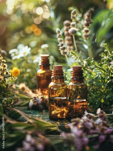Three bottles of essential oils among various botanicals in a garden setting, symbolizing the beauty and power of nature's bounty.