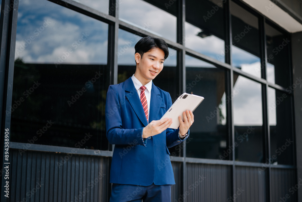 Confident Asian man with a smile standing holding notepad and tablet at out side office. big city on business center Confident Asian man with a smile standing holding notepad and tablet at out side office. big city on business center