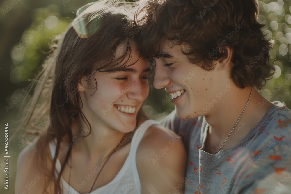 Fototapeta premium Candid shot of smiling teenage couple enjoying a sunny day outdoors.