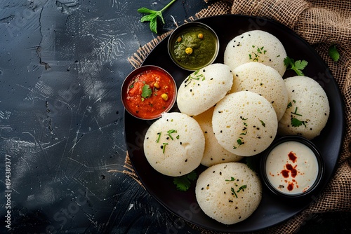 Traditional Indian Idlis with Chutneys and Sambar