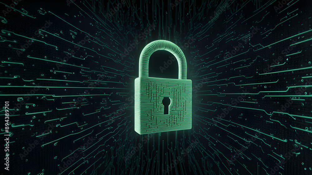 Cyber security concept with binary code and padlock 3D rendering