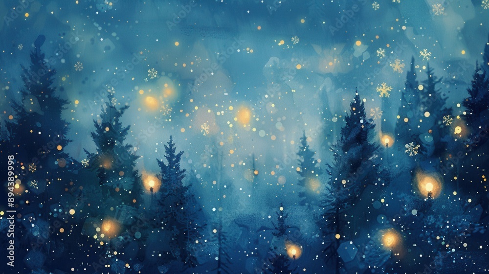 Obraz premium Festive Christmas Tree in a Winter Wonderland: A Colorful Watercolor Painting of a Snowy Forest with Stars and Snowflakes, Perfect for a Merry Holiday Card