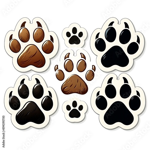 Various paw print stickers in black and brown. Sticker with white borders isolated on white background. Wildlife and nature concept for posters and prints