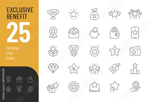 Exclusive Benefits Line Editable Icons set. Vector illustration in modern thin line style of bonuses related icons: prize, reward, incentive, and more. Pictograms and infographics for mobile apps