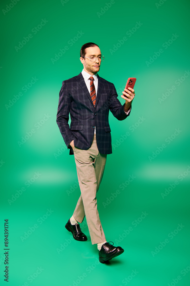 A handsome businessman in a chic suit and tie holding a cell phone against a green backdrop. A handsome businessman in a chic suit and tie holding a cell phone against a green backdrop.