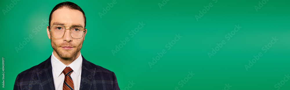 Handsome businessman in chic suit and tie, wearing glasses, striking a pose on a green backdrop.