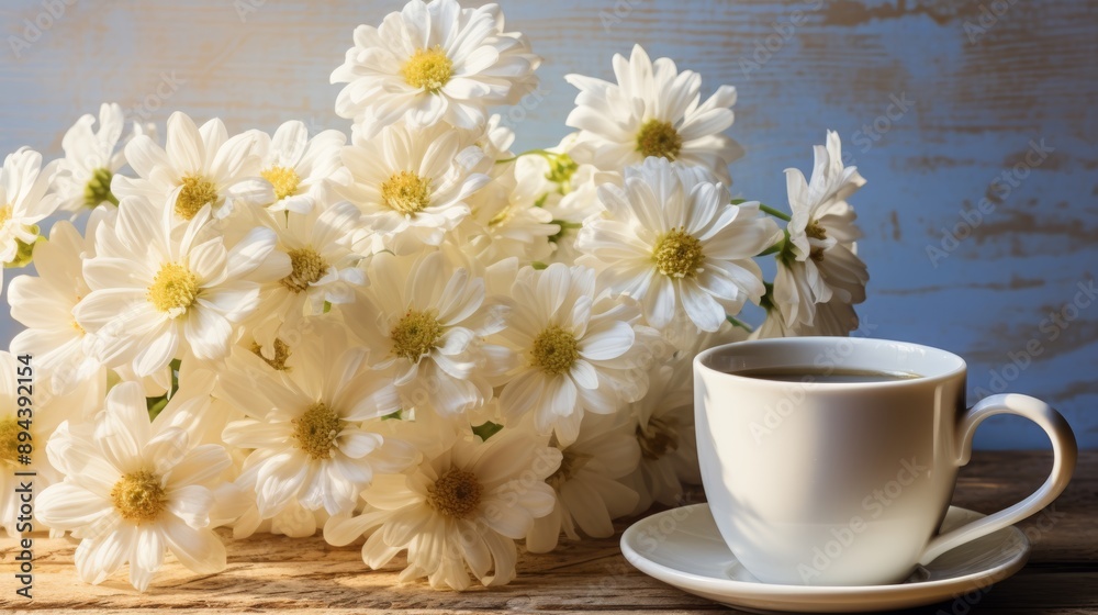 Elegant white daisy latte served on creamy saucer for a delicate and artistic presentation Elegant white daisy latte served on creamy saucer for a delicate and artistic presentation