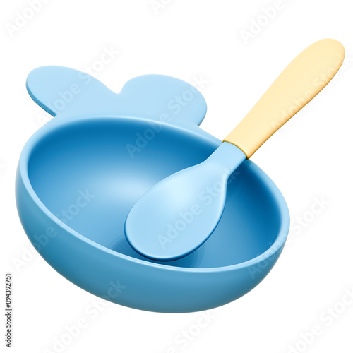 Baby Blue Bowl & Spoon 3D Rendering Icon Isolated Transparent Background	