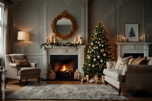 genrative ai Cozy living room decorated for Christmas with tree and fireplace

