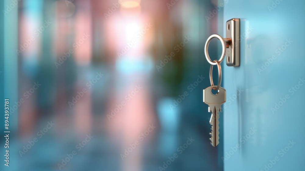 A commercial door with a key ring hanging from the lock, representing readiness, security, and the concept of unlocking potential in an office setting. A commercial door with a key ring hanging from the lock, representing readiness, security, and the concept of unlocking potential in an office setting.
