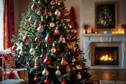 genrative ai Christmas tree, decorated with New Year's toys, stands near the fireplace
