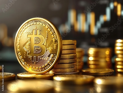A detailed view of a Bitcoin on top of stacks of coins, illustrating digital currency and financial growth concepts.