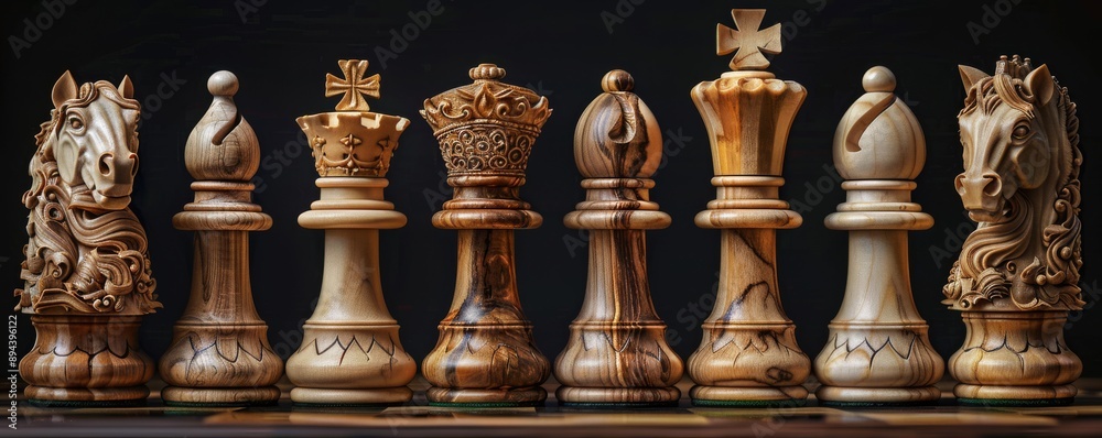 Exquisite Wooden Chess Pieces with Intricate Carvings on Dark Background Exquisite Wooden Chess Pieces with Intricate Carvings on Dark Background