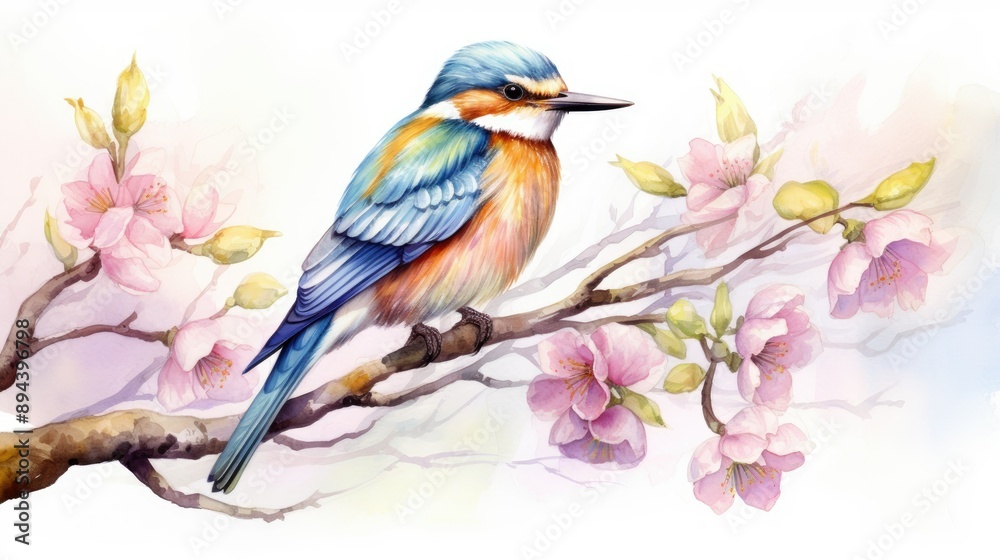 Obraz premium Cute bird sitting on a cherry blossom branch