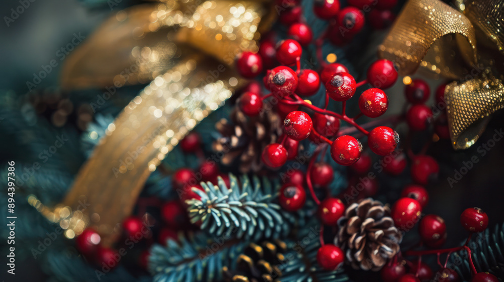 Close-Up of Christmas Wreath With Red Berries Close-Up of Christmas Wreath With Red Berries